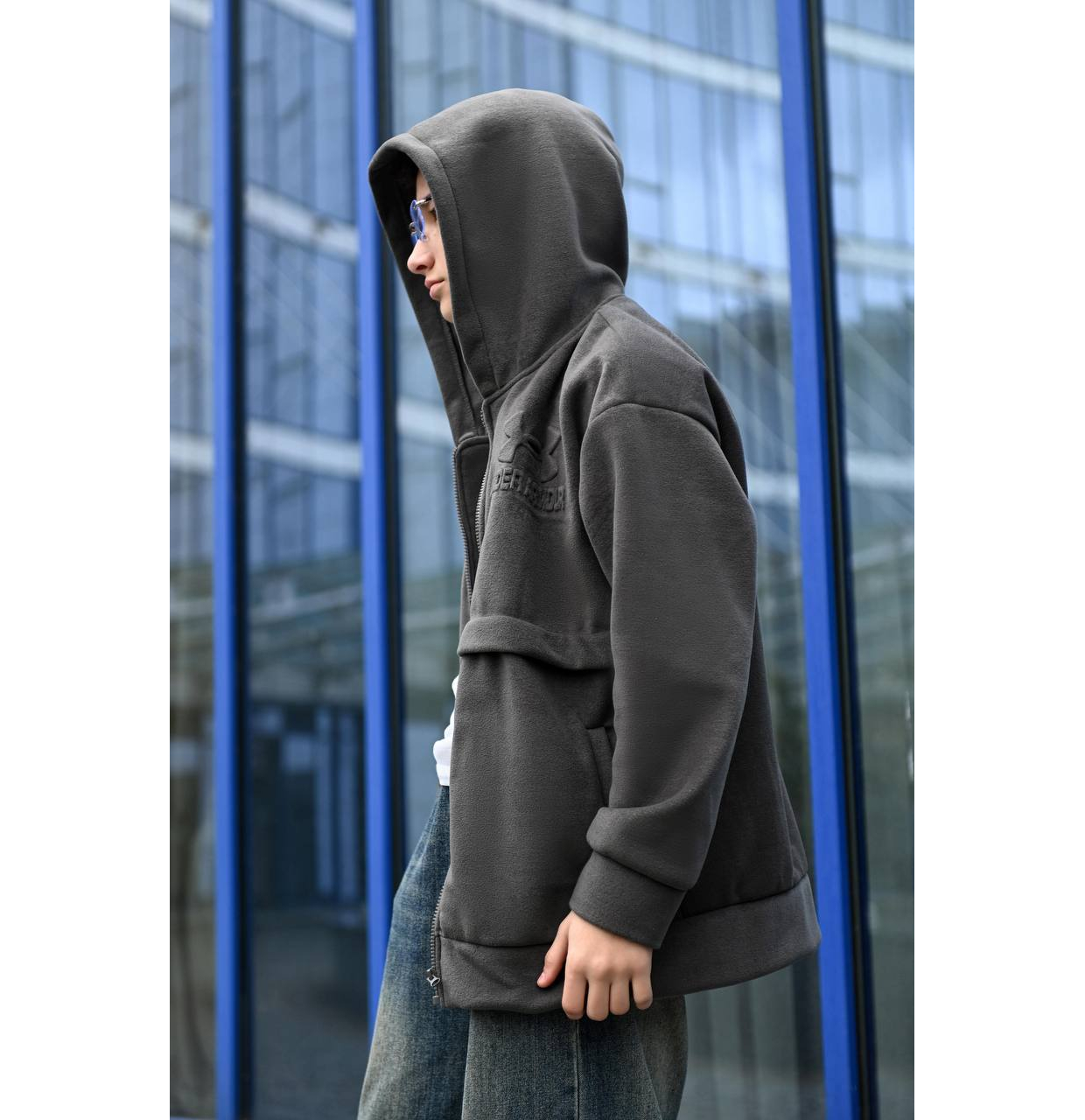 ZIP-ХУДІ ОВЕРСАЙЗ З ДВУСТОРОННЬОГО ФЛІСУ ГРАФІТ